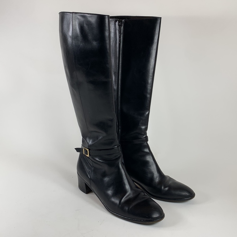 Salvatore Ferragamo Black Leather Knee-High Riding Boots Block Heels, Sz: 8.5 B